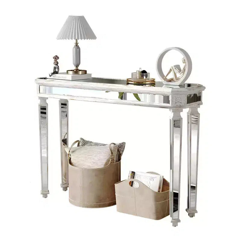 Tavolo consolle vintage da 48 pollici con intaglio a venatura del legno, Tavolo d'accento con superficie a specchio, Tavolo da ingresso per soggiorno, Ingresso