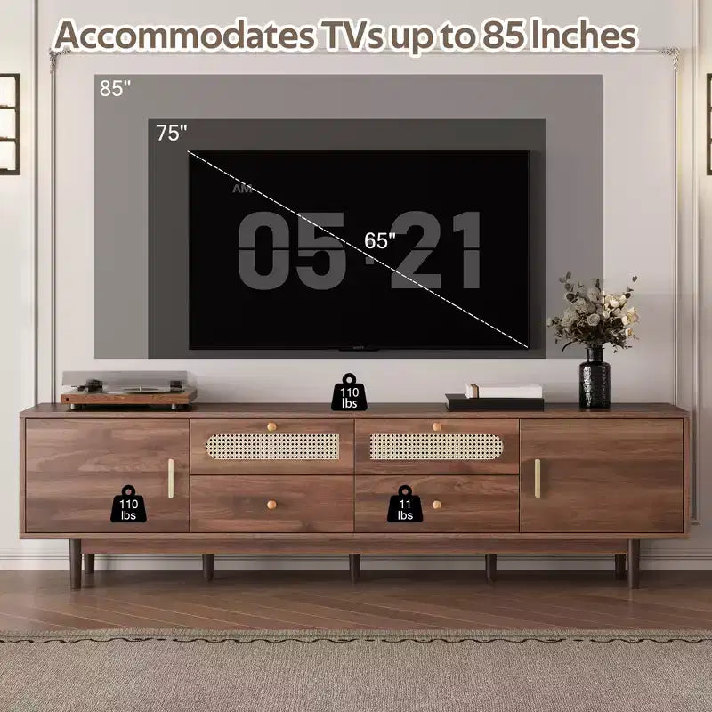 Mobile TV per televisori fino a 85 pollici, Consolle TV in stile rustico, Mobile TV Media con cassetti, Marrone