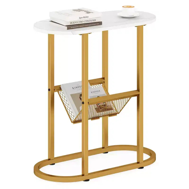 Tavolino con piano in finto marmo e portariviste, struttura in metallo resistente, marrone/bianco