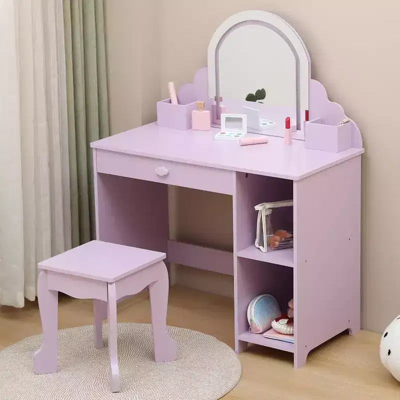 Toeletta per bambine con specchio, sgabello, cassetto, ripiani portaoggetti, set tavolo trucco da principessa