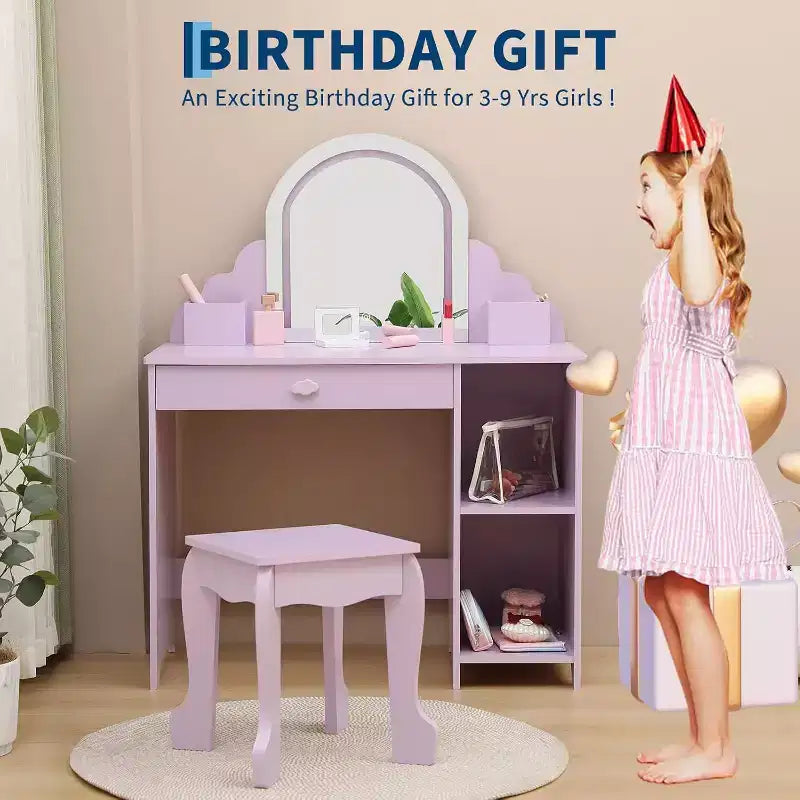Toeletta per bambine con specchio, sgabello, cassetto, ripiani portaoggetti, set tavolo trucco da principessa