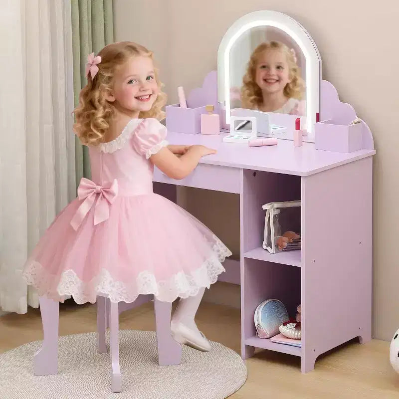 Toeletta per bambine con specchio, sgabello, cassetto, ripiani portaoggetti, set tavolo trucco da principessa