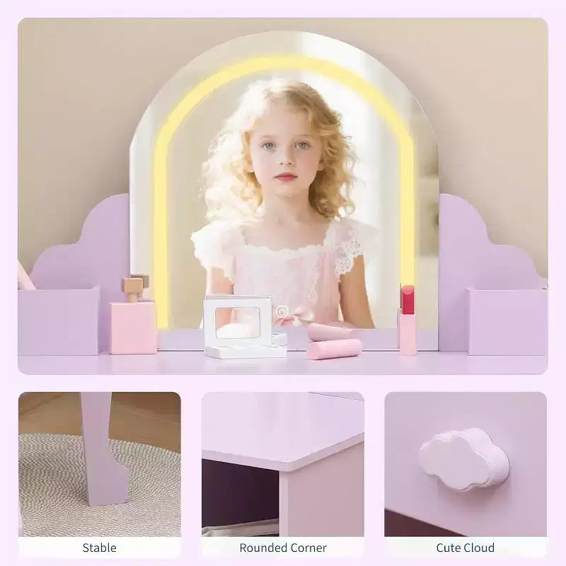 Toeletta per bambine con specchio, sgabello, cassetto, ripiani portaoggetti, set tavolo trucco da principessa
