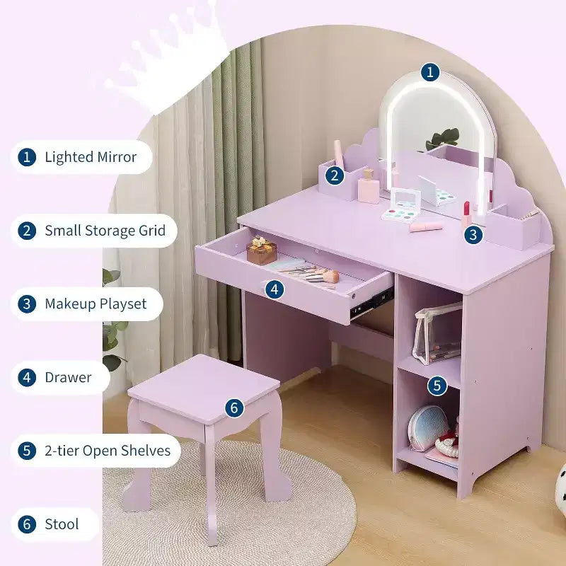 Toeletta per bambine con specchio, sgabello, cassetto, ripiani portaoggetti, set tavolo trucco da principessa