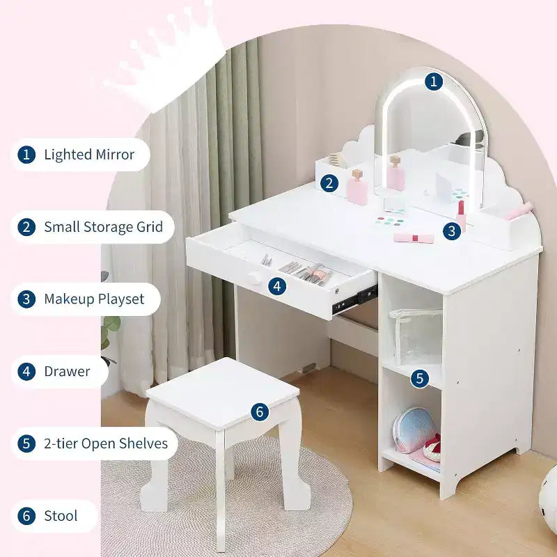 Toeletta per bambine con specchio, sgabello, cassetto, ripiani portaoggetti, set tavolo trucco da principessa