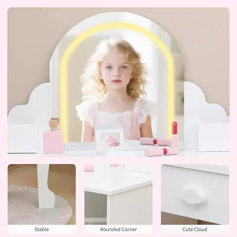 Toeletta per bambine con specchio, sgabello, cassetto, ripiani portaoggetti, set tavolo trucco da principessa