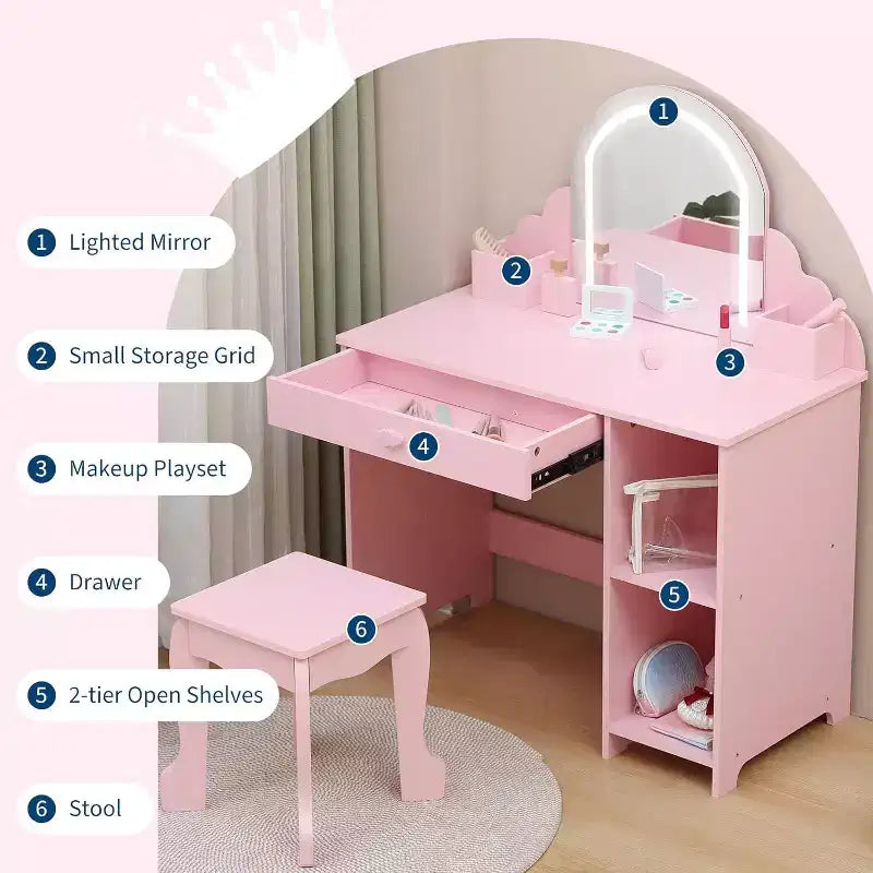 Toeletta per bambine con specchio, sgabello, cassetto, ripiani portaoggetti, set tavolo trucco da principessa