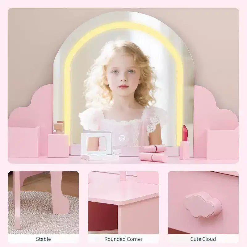 Toeletta per bambine con specchio, sgabello, cassetto, ripiani portaoggetti, set tavolo trucco da principessa