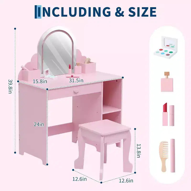 Toeletta per bambine con specchio, sgabello, cassetto, ripiani portaoggetti, set tavolo trucco da principessa
