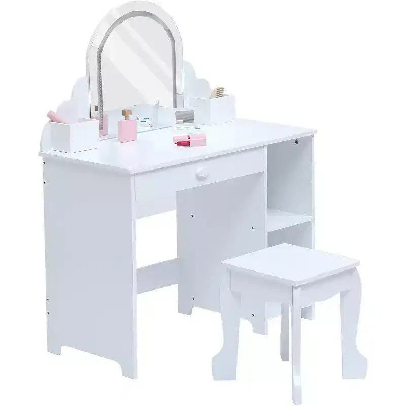 Toeletta per bambine con specchio, sgabello, cassetto, ripiani portaoggetti, set tavolo trucco da principessa