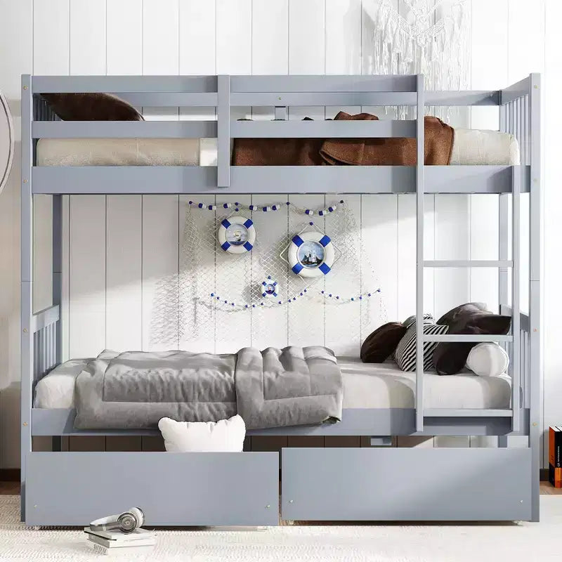77.3IN Letto a Castello Doppio con 2 Cassetti Contenitore, Telaio Multifunzione Convertibile in 2 Letti Singoli per Camera da Letto, Cameretta, Grigio