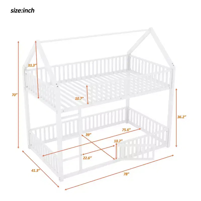 Letto a castello in metallo a due piazze da 78 pollici, con recinzione, porta e ringhiera di sicurezza, per camerette dei bambini, colore bianco