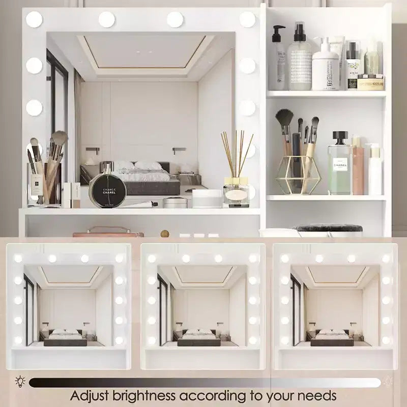 Moderna Toeletta con Specchio e Luci LED Regolabili, Grande Scrivania per Trucco con Contenitore a Tre Livelli, Tavolo da Trucco per Camere da Letto