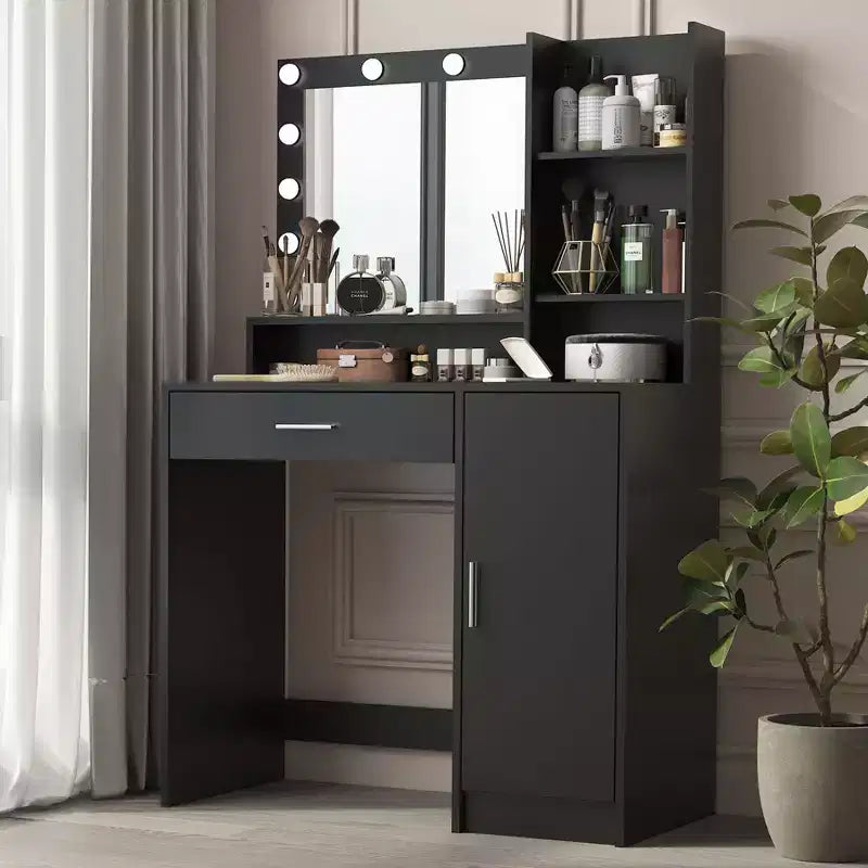 Moderna Toeletta con Specchio e Luci LED Regolabili, Grande Scrivania per Trucco con Contenitore a Tre Livelli, Tavolo da Trucco per Camere da Letto