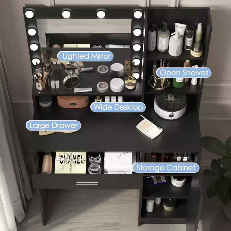 Moderna Toeletta con Specchio e Luci LED Regolabili, Grande Scrivania per Trucco con Contenitore a Tre Livelli, Tavolo da Trucco per Camere da Letto