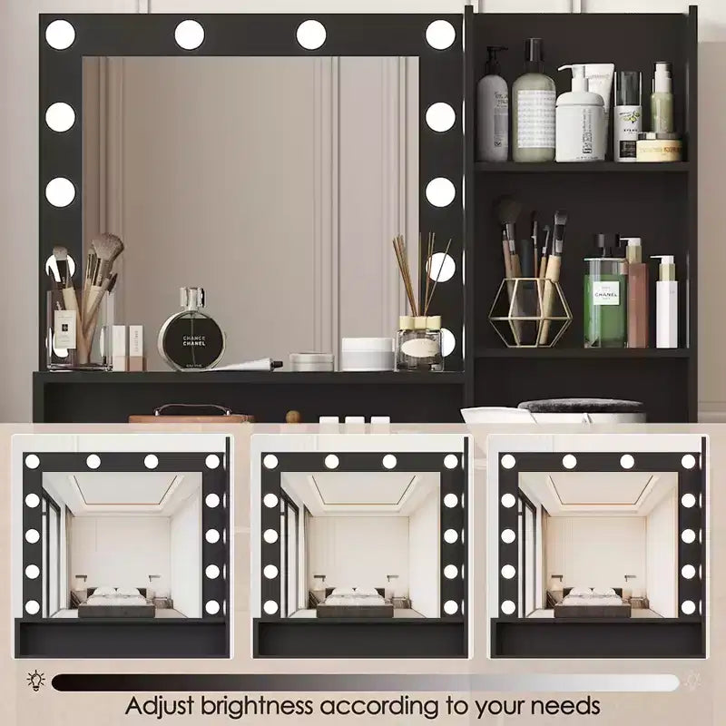 Moderna Toeletta con Specchio e Luci LED Regolabili, Grande Scrivania per Trucco con Contenitore a Tre Livelli, Tavolo da Trucco per Camere da Letto