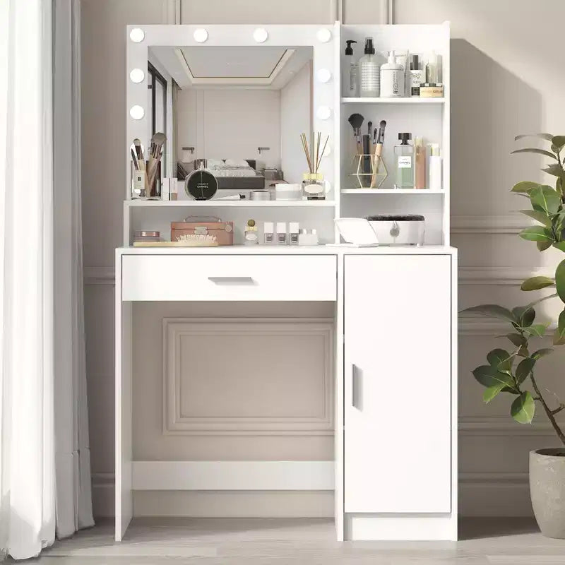Moderna Toeletta con Specchio e Luci LED Regolabili, Grande Scrivania per Trucco con Contenitore a Tre Livelli, Tavolo da Trucco per Camere da Letto