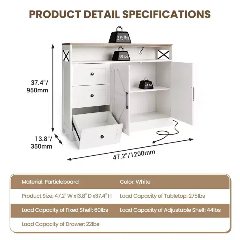 Mobile credenza da 47 pollici - Tavolino da caffè in legno con ante a chiusura ammortizzata e ripiano regolabile, armadietto dispensa da caffè per piccola cucina, monolocale