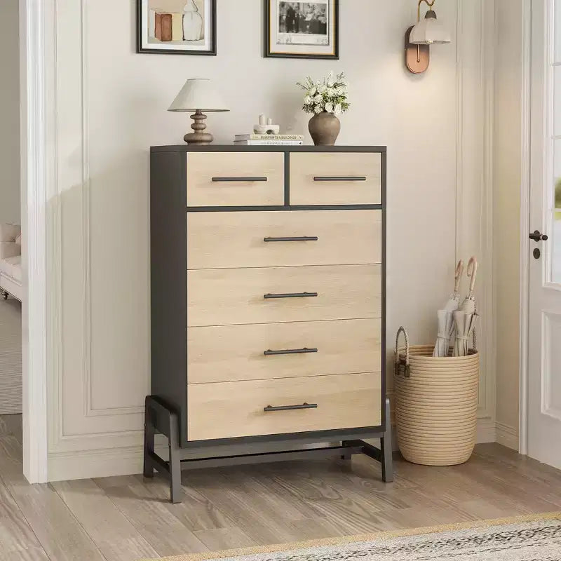 Cassettiera a 6 cassetti in rovere naturale, contenitore autoportante (altezza 118 cm) per camera da letto, soggiorno o ingresso