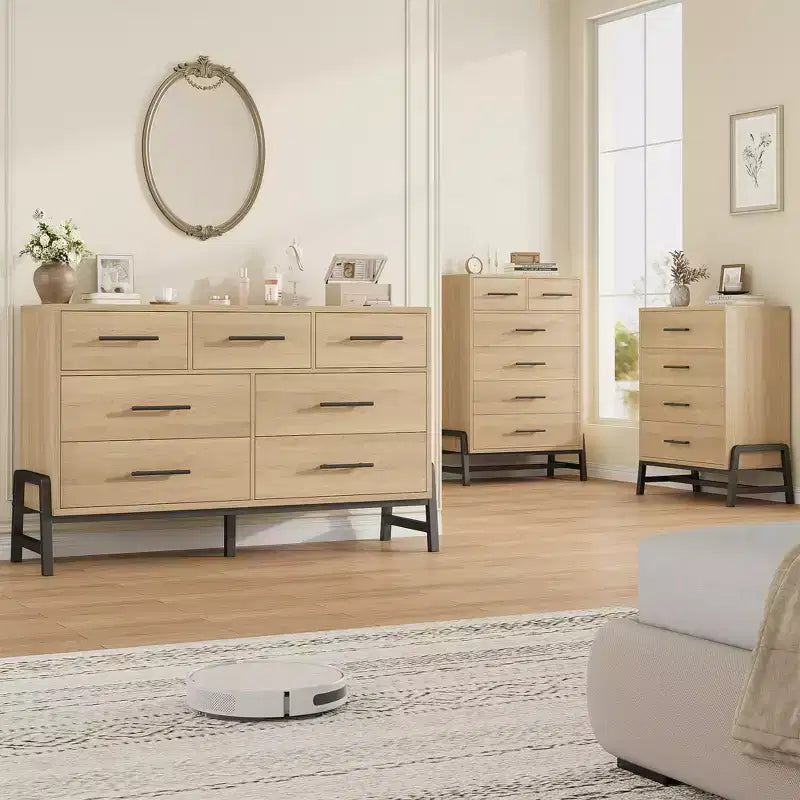 Cassettiera a 6 cassetti in rovere naturale, contenitore autoportante (altezza 118 cm) per camera da letto, soggiorno o ingresso