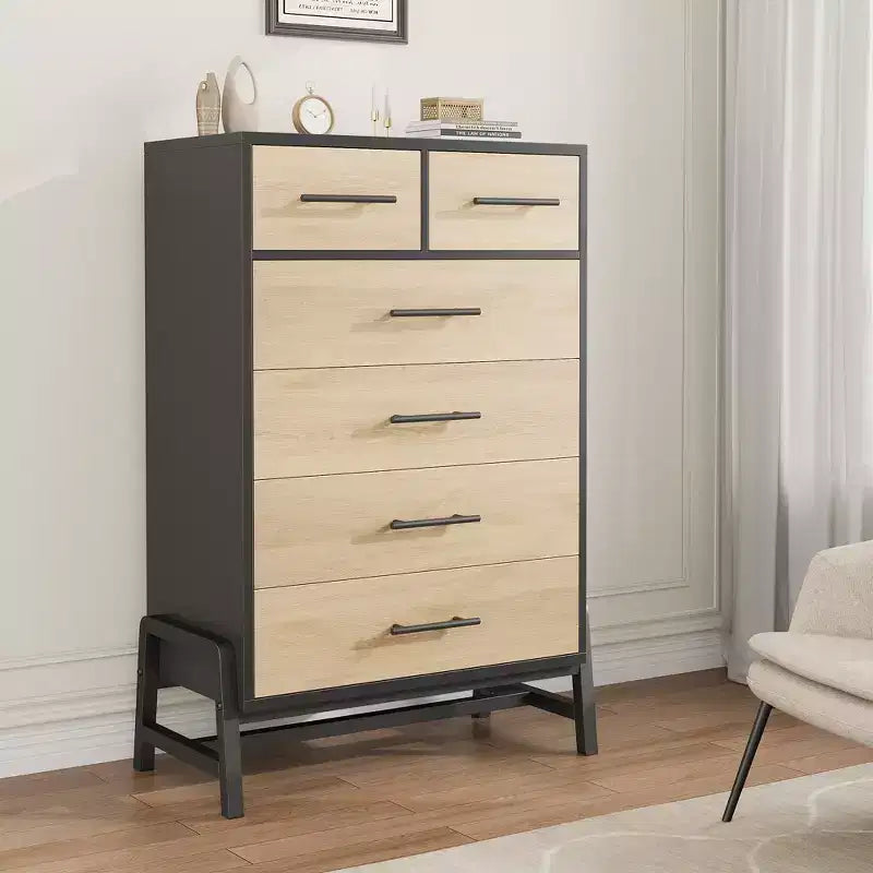 Cassettiera a 6 cassetti in rovere naturale, contenitore autoportante (altezza 118 cm) per camera da letto, soggiorno o ingresso