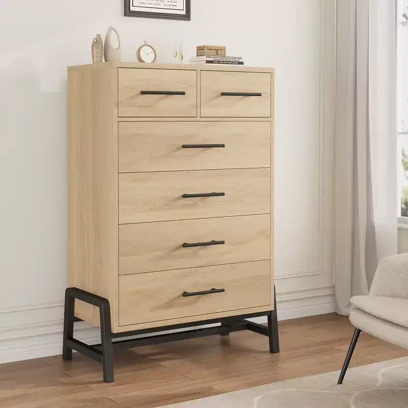 Cassettiera a 6 cassetti in rovere naturale, contenitore autoportante (altezza 118 cm) per camera da letto, soggiorno o ingresso