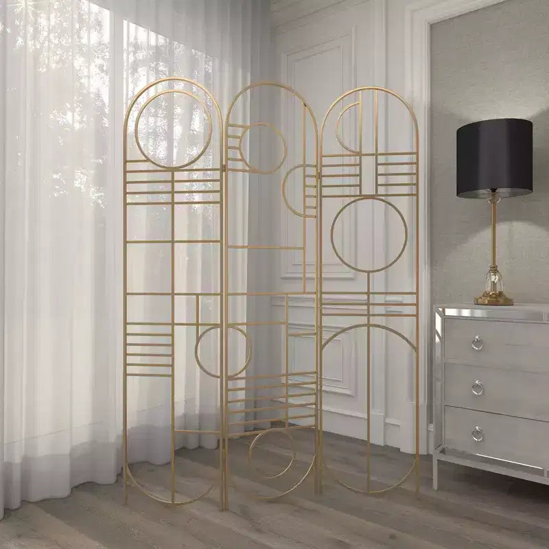 Divisorio Moderno in Metallo Oro - : Telaio in Ferro, Nessun Montaggio, Design a 3 Pannelli