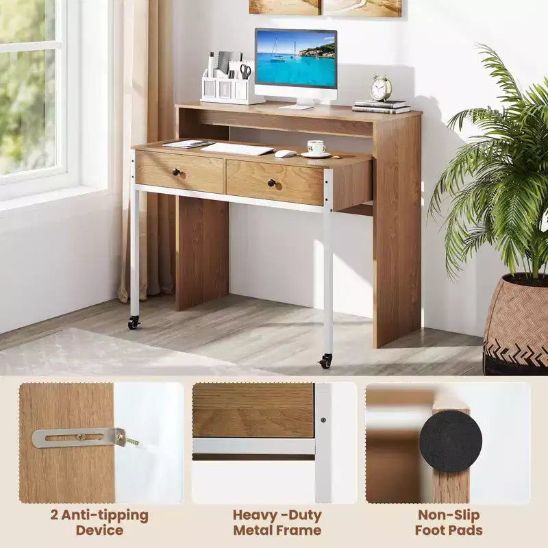 39.5 Scrivania espandibile con rotelle e ripiano per monitor, 2 ripiani e 2 cassetti