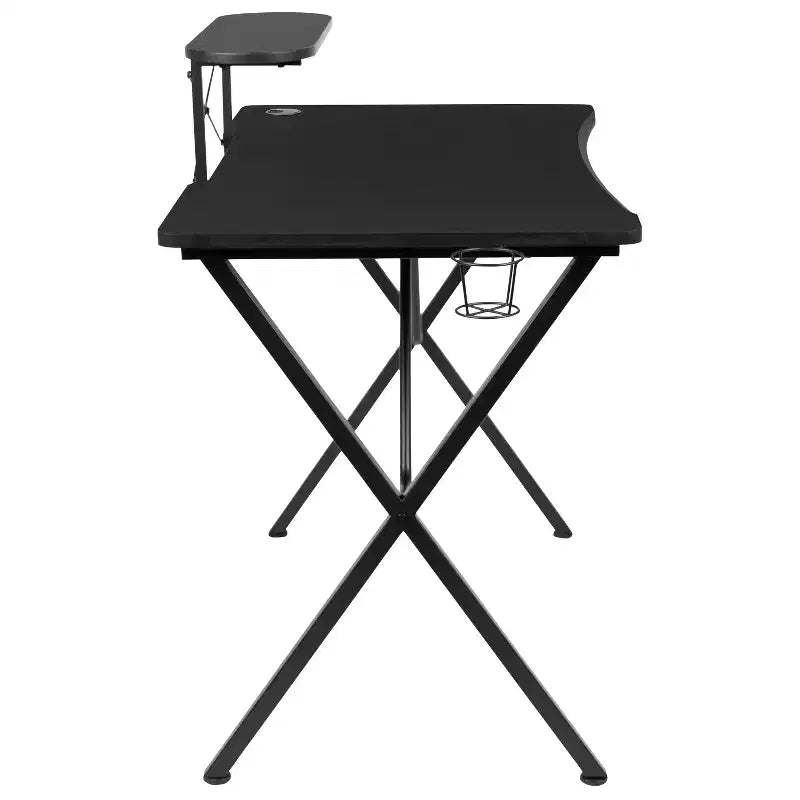 Scrivania da Gaming con Piano in Laminato e Telaio in Acciaio - Portabicchieri Rimovibile, Gancio per Cuffie e Supporto per Smartphone/Monitor